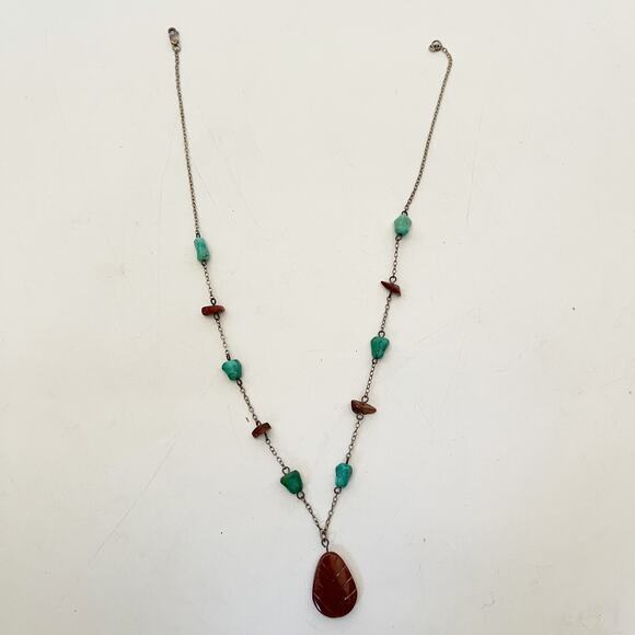 Turquoise and Coral Necklace Sterling‎ Silver Boho Southwestern Natural Stone - Picture 1 of 3
